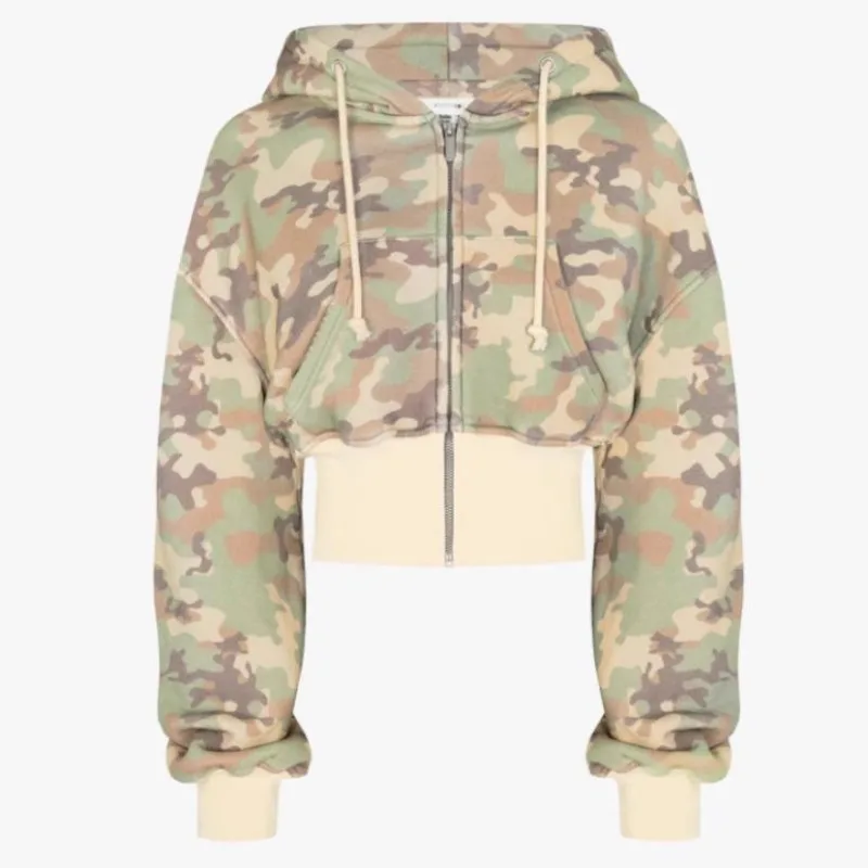 

American Y2k Sports Camouflage Short Cut Waist Slimming Hooded Cardigan Sweatshirt Loose Pants Two-piece Set Female Clothing