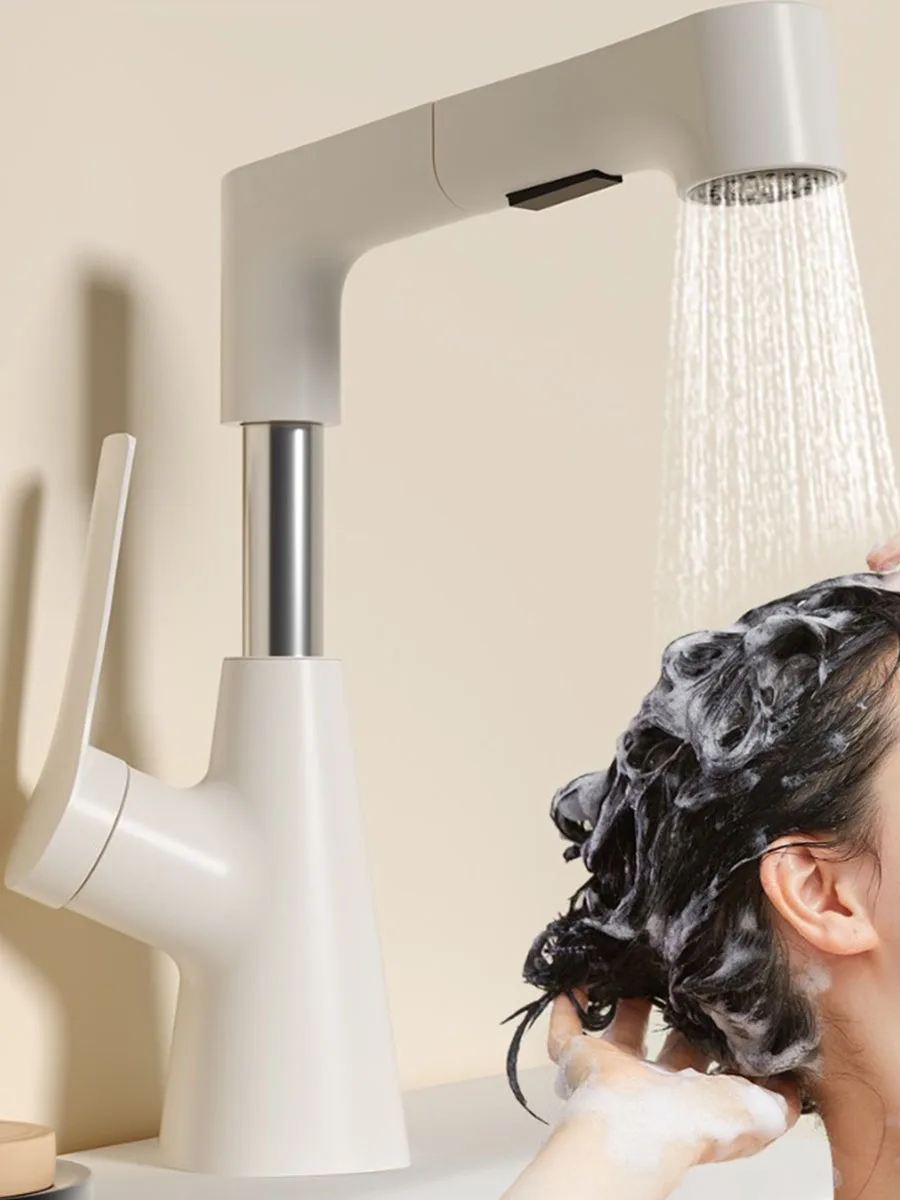

Hair Washing Bathroom Faucet, Pull Out Liftable 360° Rotatable Mixer Tap, 2 Modes Spray White Modern Basin Sink Tap for Bathroom
