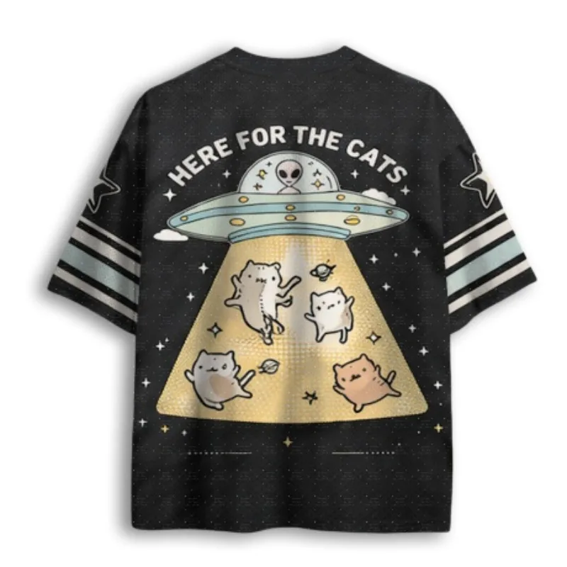 V Neck Football Jersey Cute UFO Alien Abduct Cats Star Space Print Black Cream Mint Striped Sleeve Loose Sport Tee