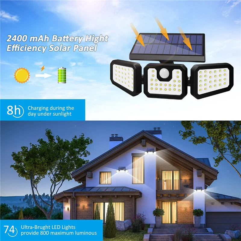 LED Solar Outdoor Lights with Motion Sensor 3 Heads Security Lights Solar Flood Light Motion Detected Spotlight for Garage Yard