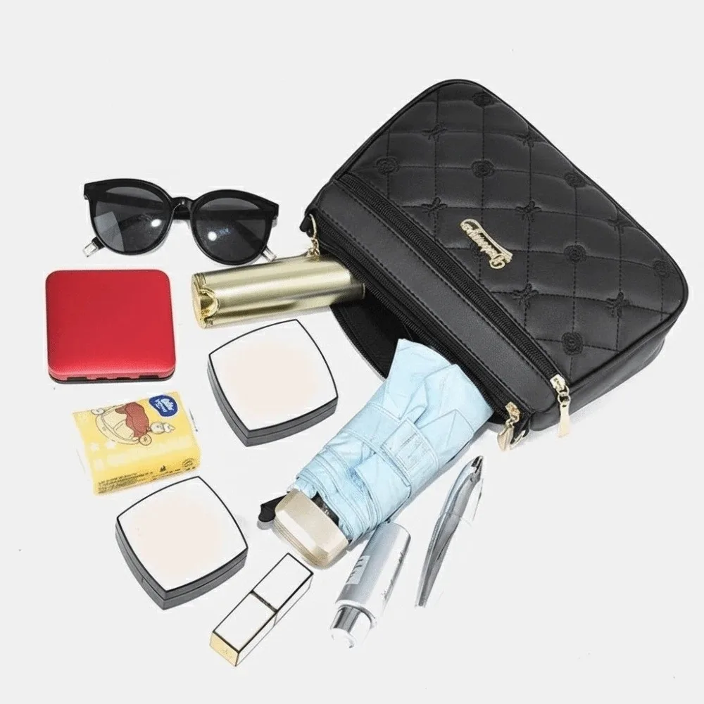 Fashion PU Leather Crossbody Bags Large Capacity Embroidery Thread Messenger Bag Solid Color Shoulder Bag Women
