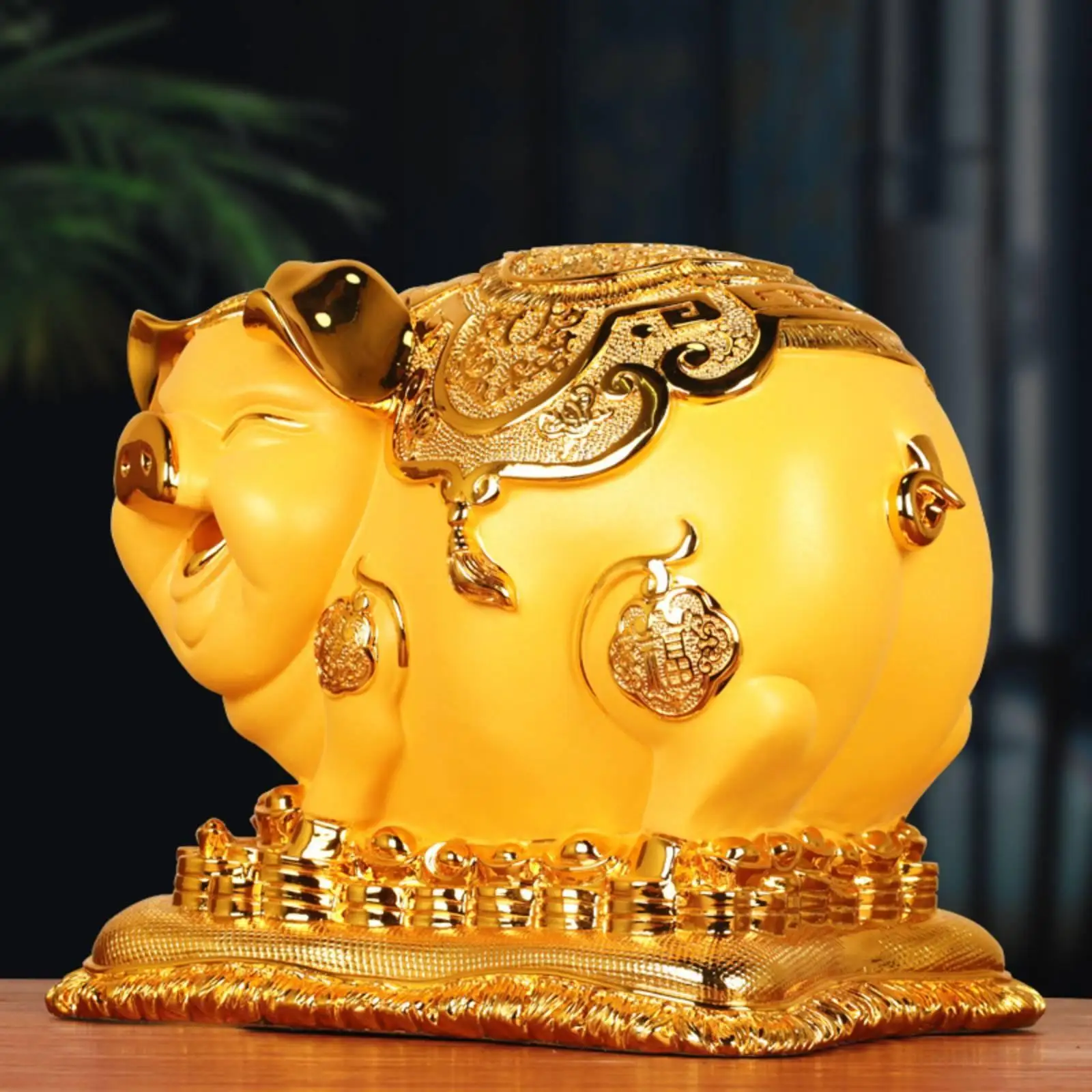 Resin Pig Figurine Money Box with Openable Storage Section Gold Finish Ornate Base for Entryway Decor