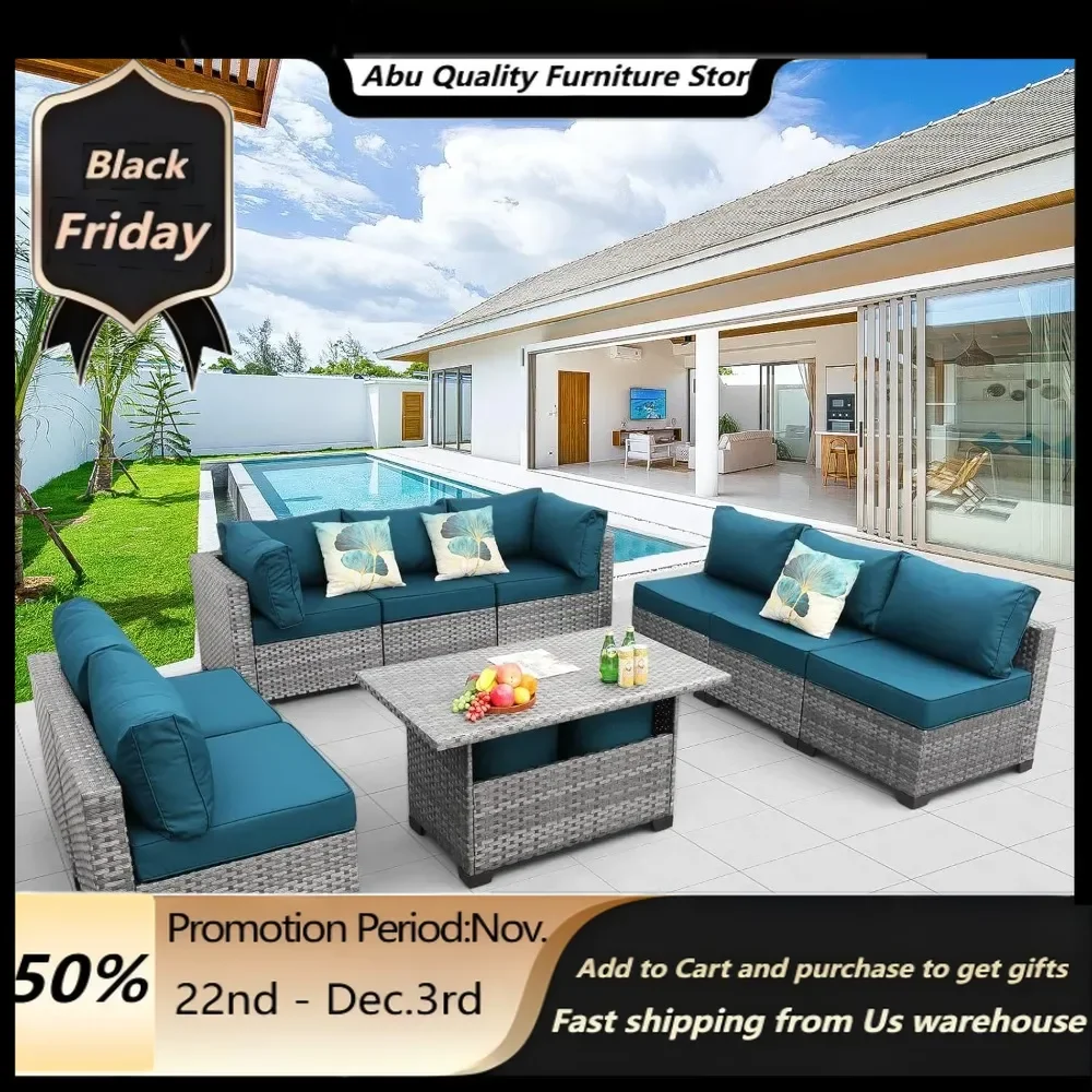 Patio Furniture Sectional Sofa Set9Pieces Outdoor Wicker Furniture Couch Large-size Storage Table with Thicken5AntiSlip Peacock