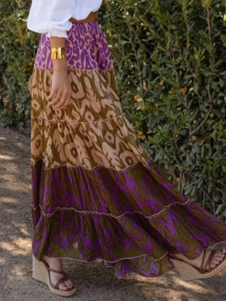 กระโปรงพิมพ์ลายลำลองแฟชั่นผู้หญิงเอวสูงทรงหลวมกระโปรงยาวสำหรับผู้หญิงวันหยุดโบโฮชายหาดสตรีทแวร์เสื้อผ้าผู้หญิงฤดูใบไม้ผลิใหม่