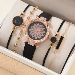 Set Watch For Women Luxury Leather Analog Ladies Quartz Wrist Watch Fashion Bracelet Watch Set Holiday Gifts Montre Femme 5PCS