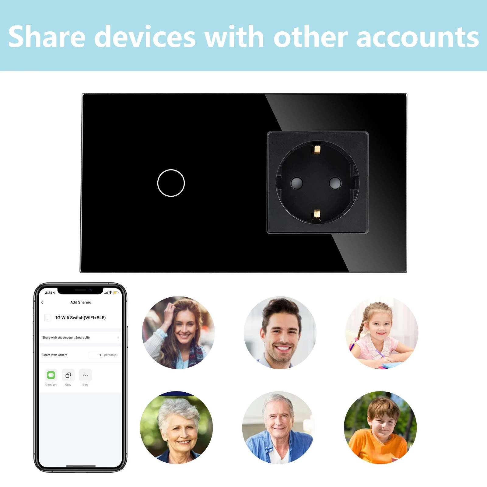 Normal Socket With WiFi Light Switch, Work With Alexa Google Home, Glass Touch Screen,1x1Way, 16A Socket, Neutral Line Required