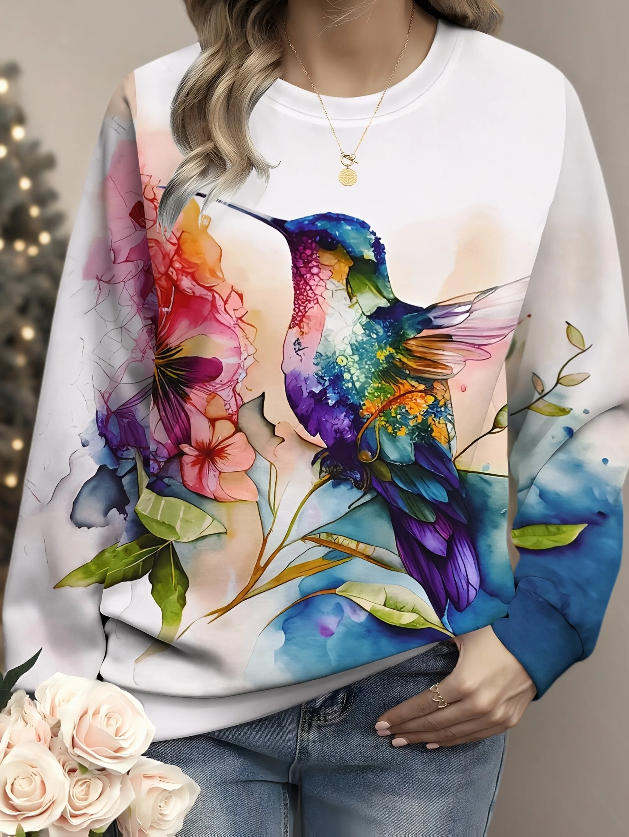 Women's Round Neck Long Sleeve Sweatshirt Watercolor Hummingbird Floral Gradient Print Casual Loose Fit Tops