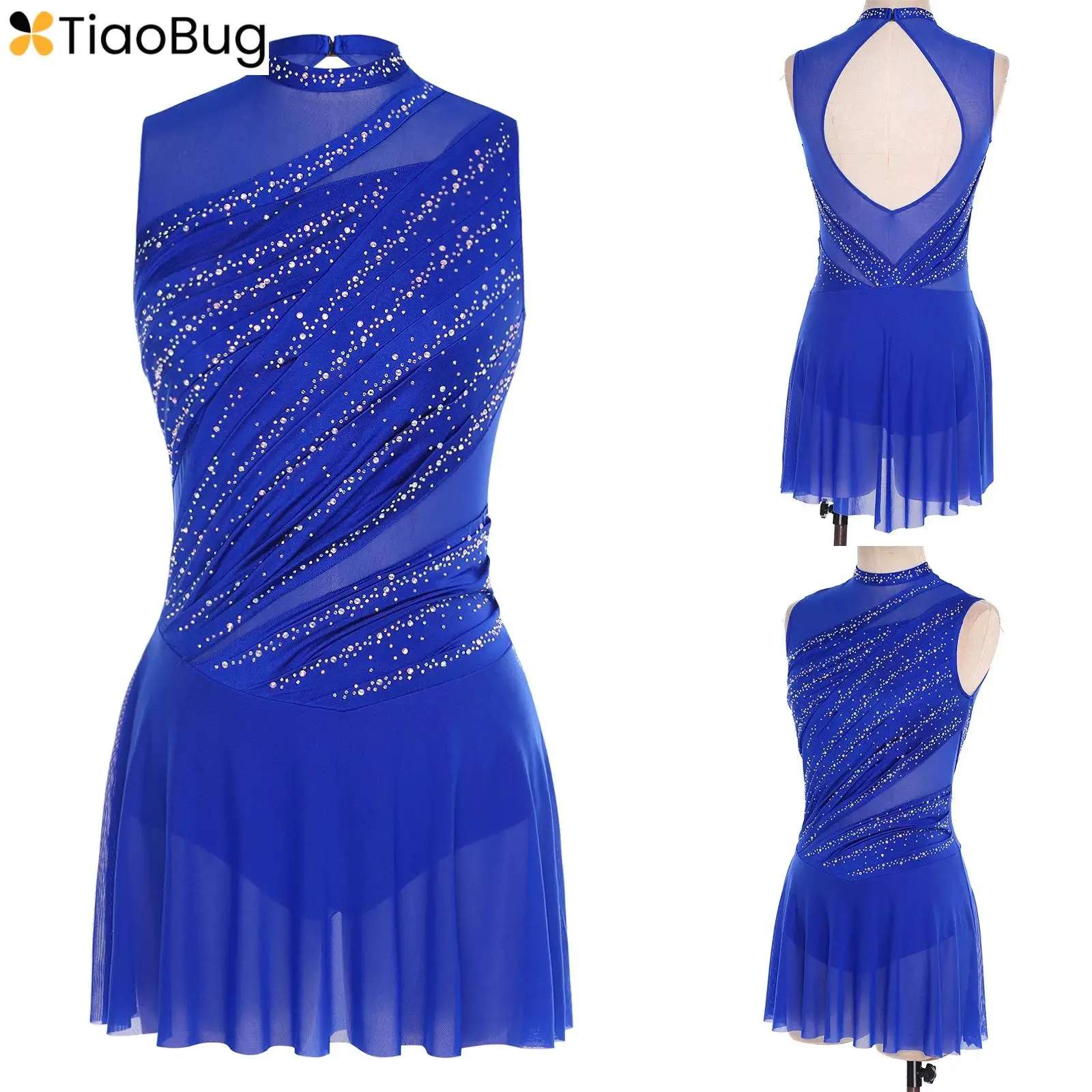 Womens Ballet Lyrical Dancing Dress Round Collar Sleeveless Ruched Rhinestone Backless Dress for Stage Performance Competition