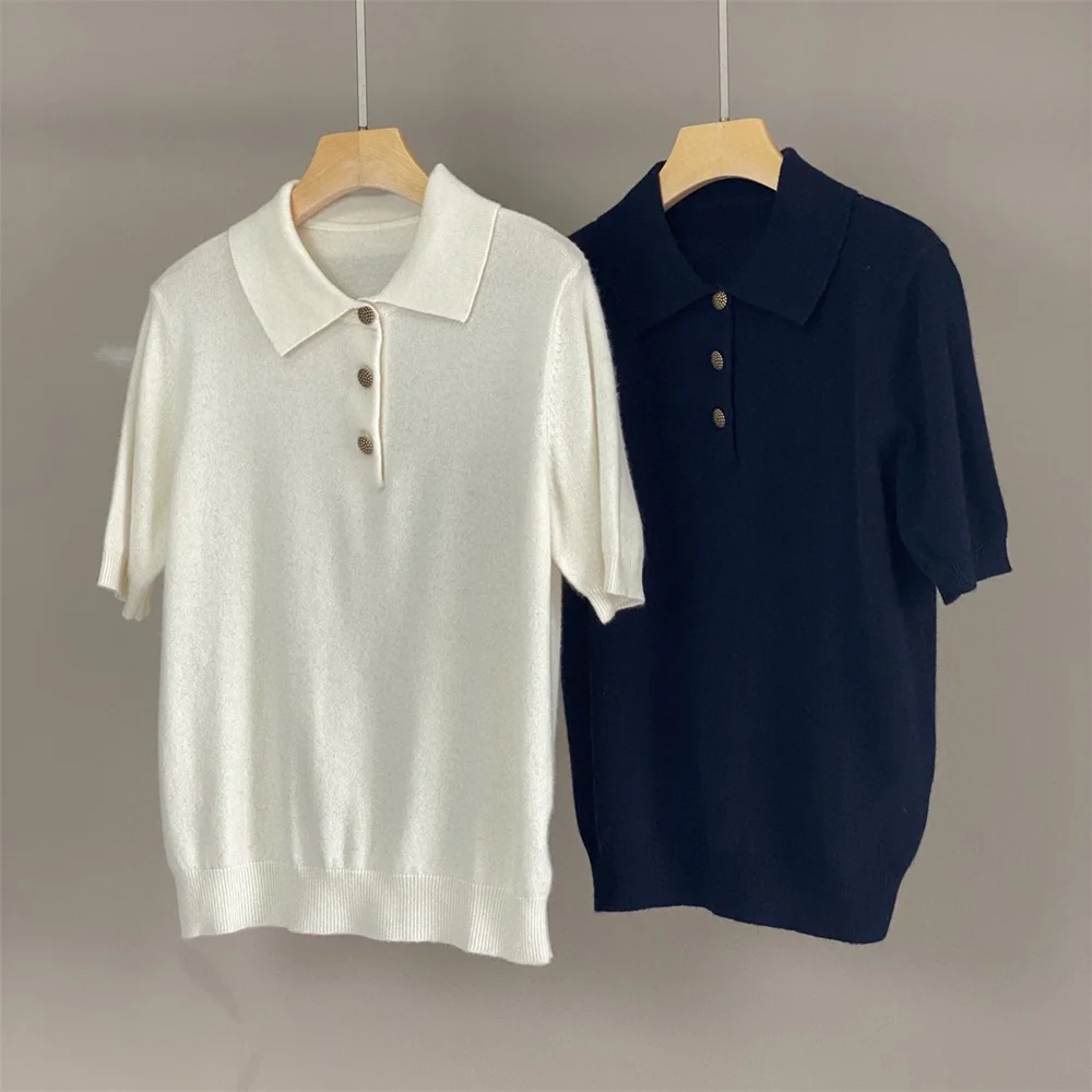

2025 Spring and Summer Ladies Knitted Short Sleeves T-Shirt Lape Collar Cashmere Knitted Top