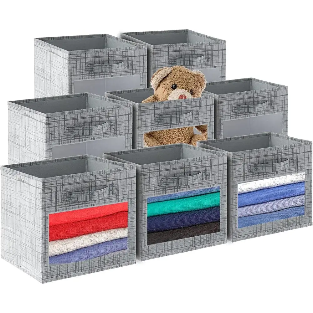 

Складные тканевые кубики для хранения с четким обзором, 8 упаковок серых органайзеров для полок, шкафов, детских и детских комнат