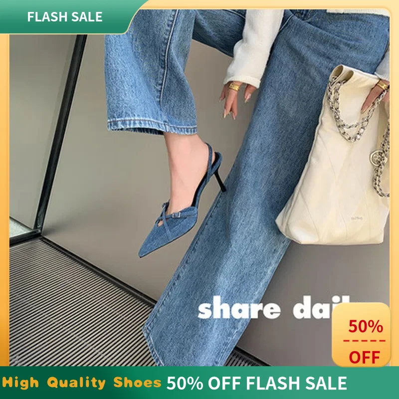 Escarpins slingback en jean et cuir de mouton pour femme, à bout pointu, avec boucle croisée, talon aiguille fin, doublure en cuir de mouton, sandales d'été F127