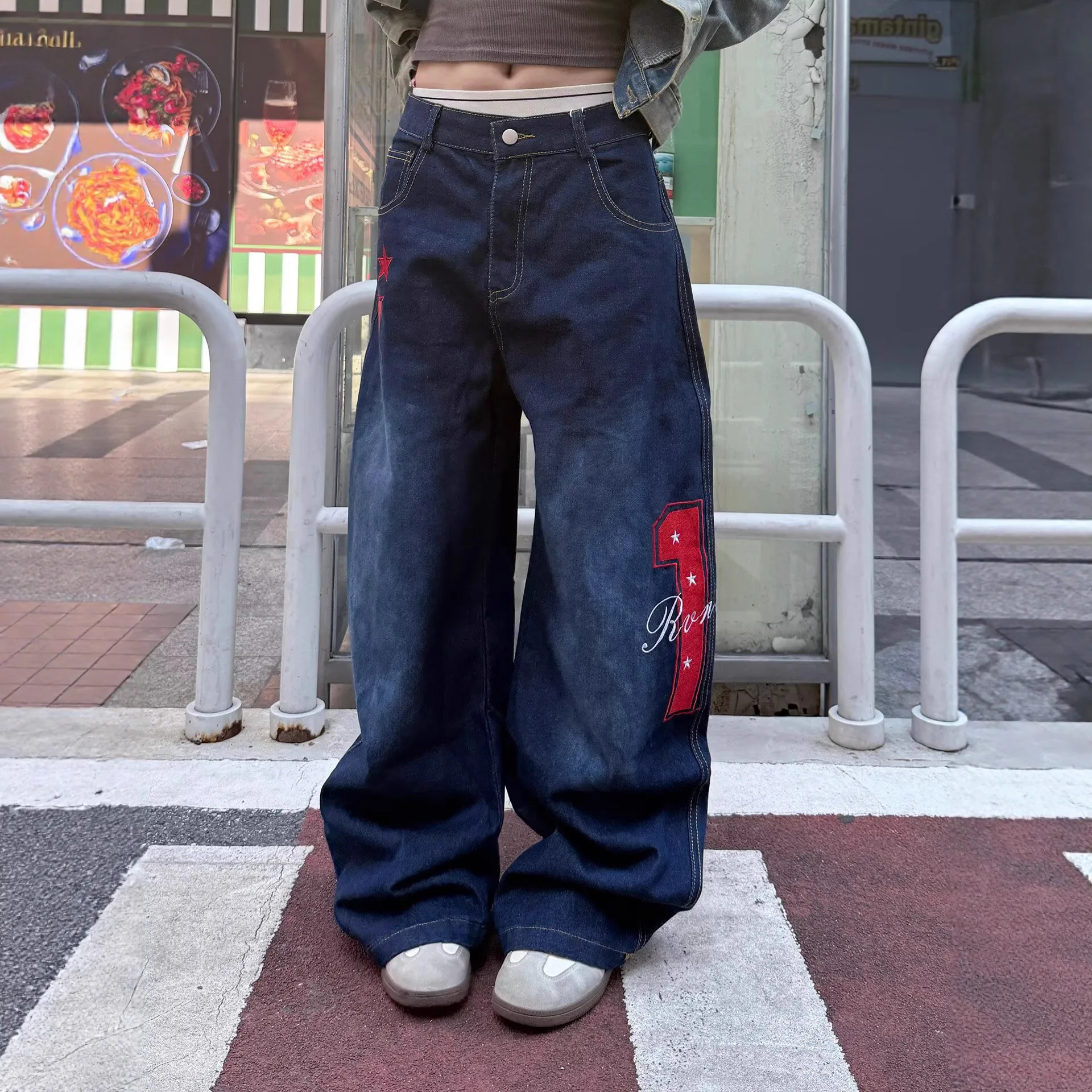 Retro Hip-hop Digital Star Embroidered Jeans for Women in Autumn Loose Straight Leg Wide Leg Pants