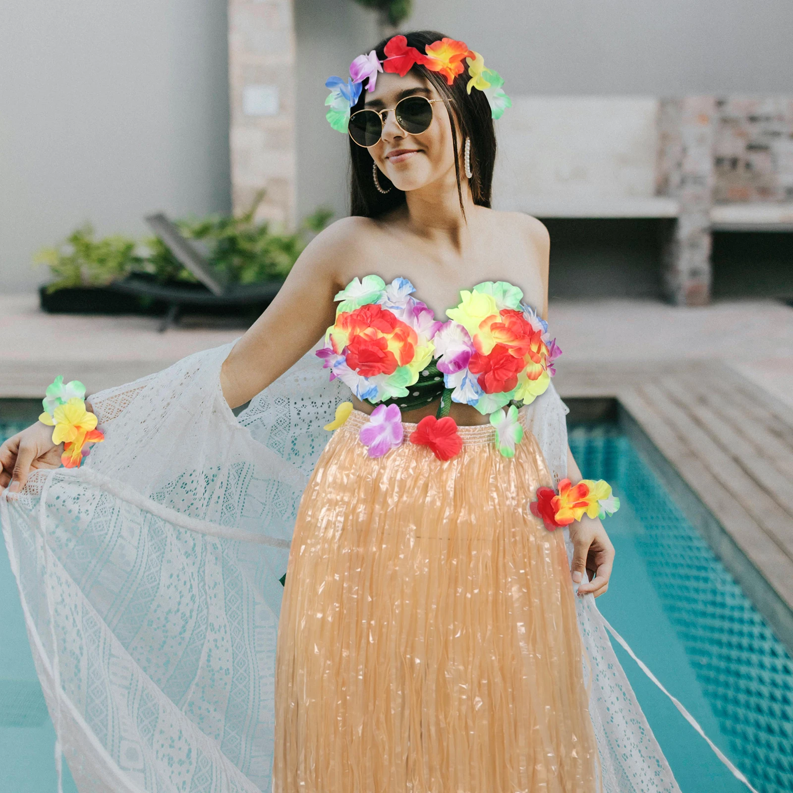 

1 Set Hawaiian Grass Skirt Costume For Girls Kids With Bra Top Handband Vibrant Colors Tropical Party Festival Luau Cosplay
