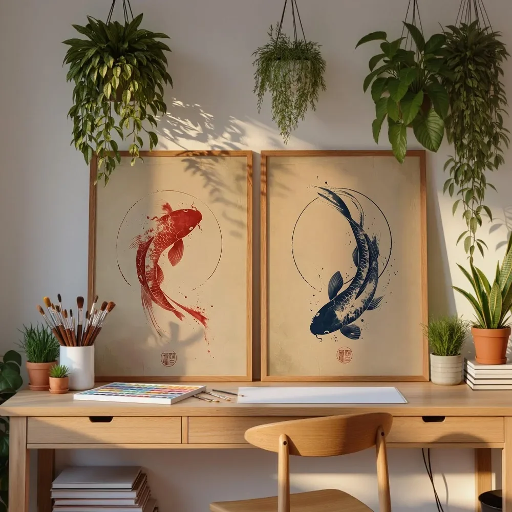 2pcs frameless Canvas Painting 2pcs Frameless, Simple Japanese Koi Fish Wall Art, Zen Koi Prints, Red and Blue Koi Art, Living R