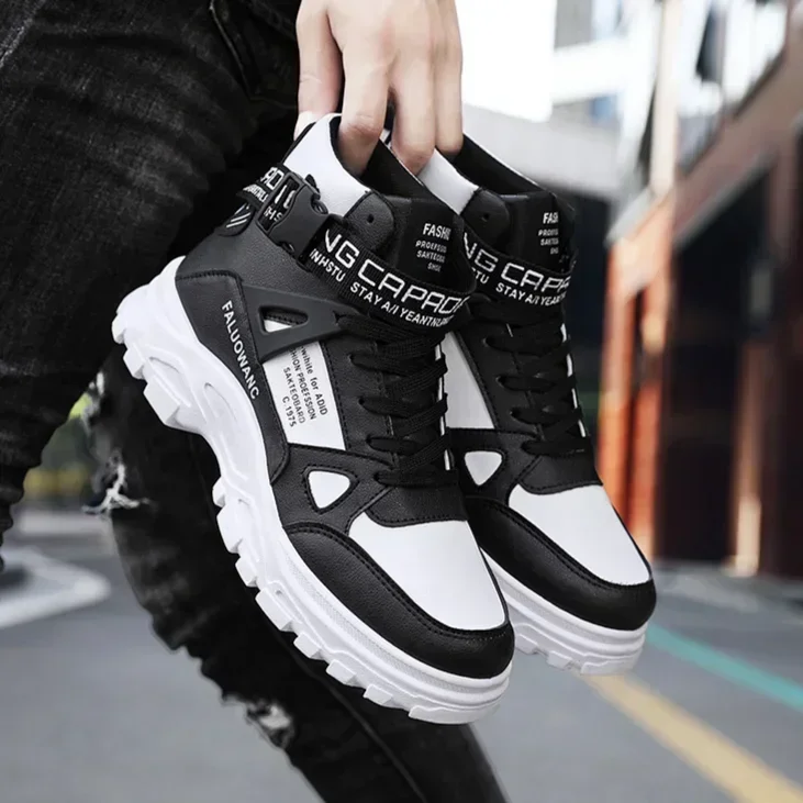 High Top Men Boots Pu Leather Sneakers White Ankle Boots for Men Trendy Buckle Decoration Sports Shoes 2024 New Man Board Shoes