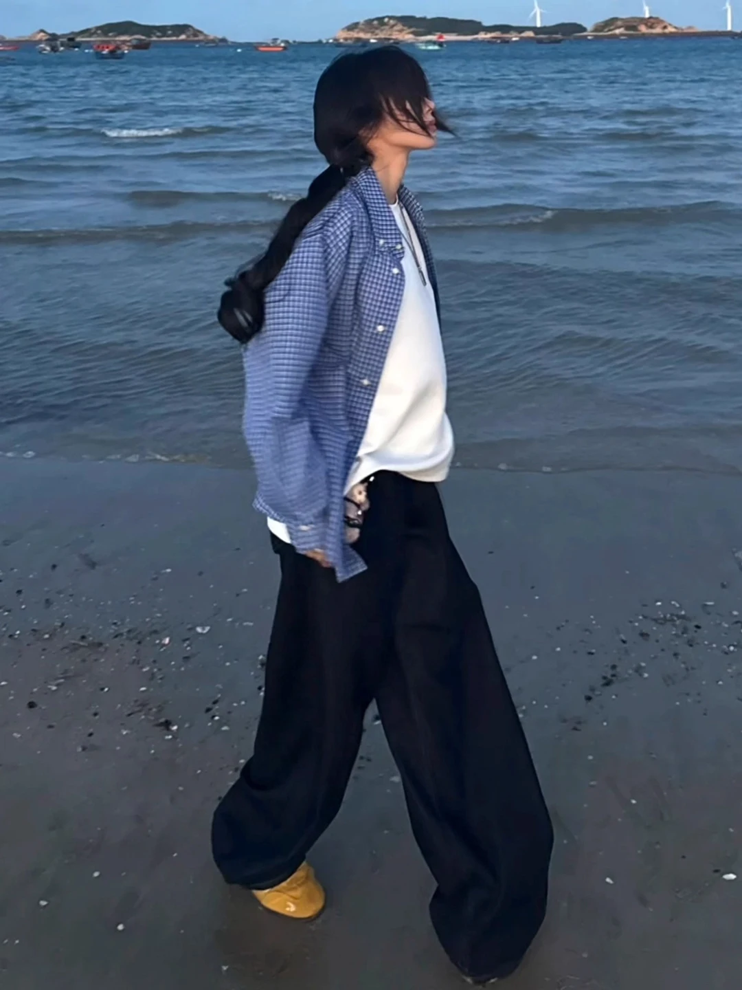 

Blue Plaid Long Sve Men's irt Miu Series American Cleanfit Open Cardigan Outerwear Autumn Season Stand Fit Couple's Wear