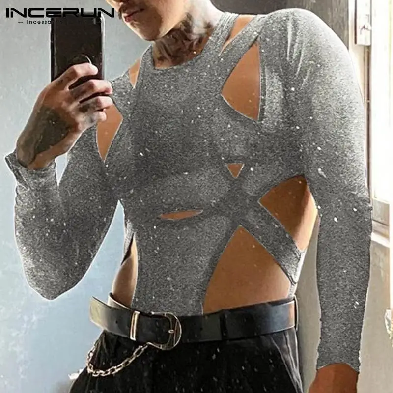 

INCERUN Men Bodysuits Solid Color Sexy O-neck Long Sleeve Streetwear Irregular Bodysuit Men Hollow Out Fitness Tops Romper S-5XL