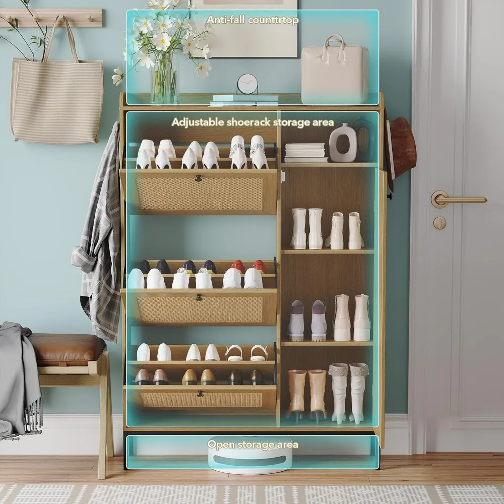 Shoe cabinet, hidden rattan shoe cabinet with 3 clamshell drawers for entrance, shoe cabinet with adjustable shelves