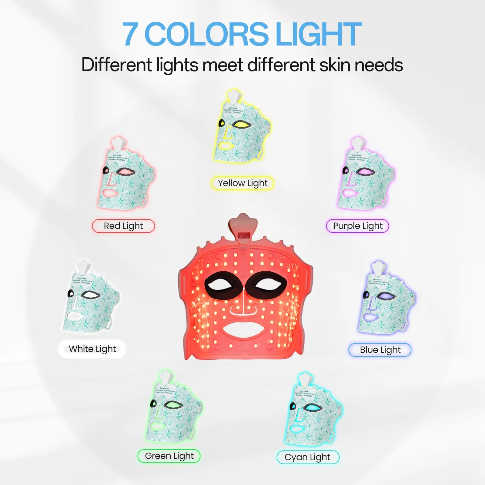 Red Light Mask for Face, 7 Color Face Mask Wireless Device, Blue and Red Light Facial Mask at Home, Soft Silicone, Foldable