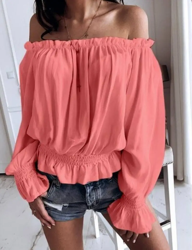 

Женские топы Y2K Harajuku с открытыми плечами и длинными рукавами - струящаяся повседневная одежда с рюшами на талии Женская уличная одежда Летняя модная удобная одежда