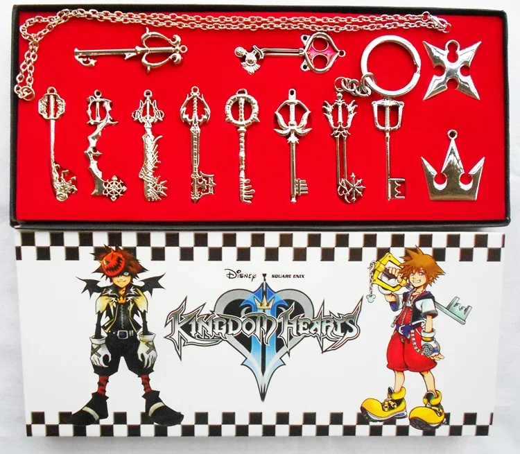 Kingdom Hearts 2 II Sora Metal Keyblade Keychain Pendant Necklace Weapons Cosplay Prop Collections Set Gift Box