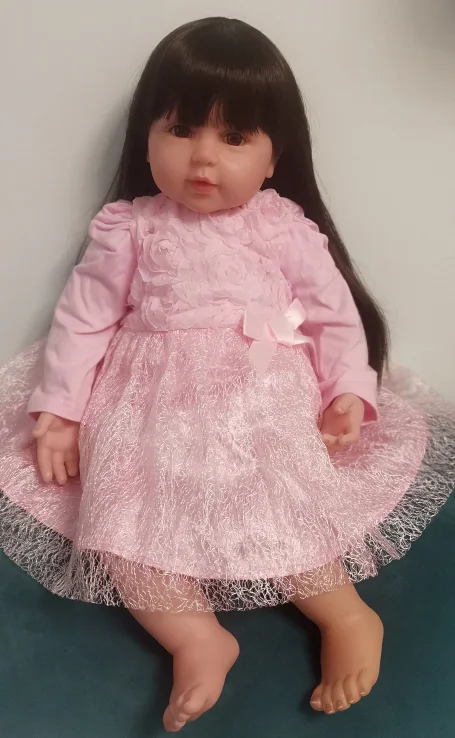 Baby Silicon Doll Long Hair Soft Silicone Vinyl Reborn Toddler Girl Doll Pink Princess Dress  Lifelike Real Baby Long wig Hair