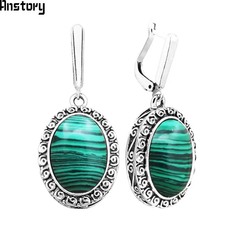 Big Oval Flower Pendant Malachite Earrings For Women Antique Silver Plated Party Fashion Jewelry TE391