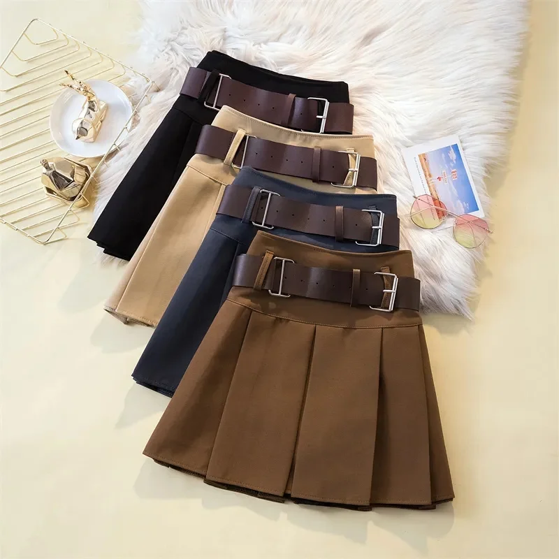 

Women Pleated Skirts Spring Summer A-Line Skirts High Waist Short Skirts Korean Students Belt Slim Sheath Skirts Girl Have Lined