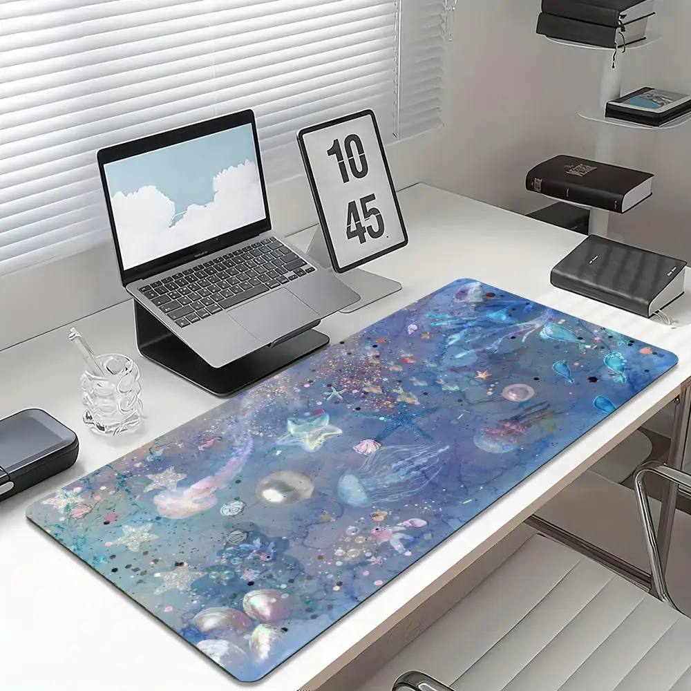 Dreamy Jellyfish Extended Desk Mat Non Slip Rubber Base Stitched Edge Gaming Keyboard Table Mat For Laptop Office Daily Use