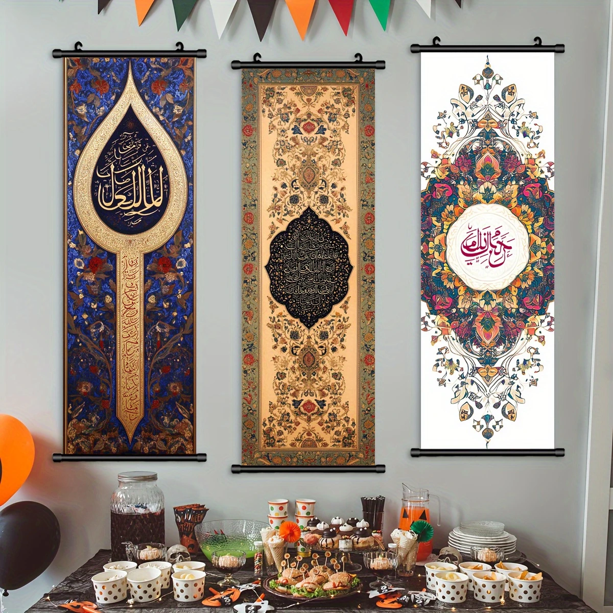 VIKAMA Islamic Arabic Calligraphy Scroll Tapestries, Persian Floral Pattern Wall Hangings, Muslim Art Fabric Posters, Home Decor