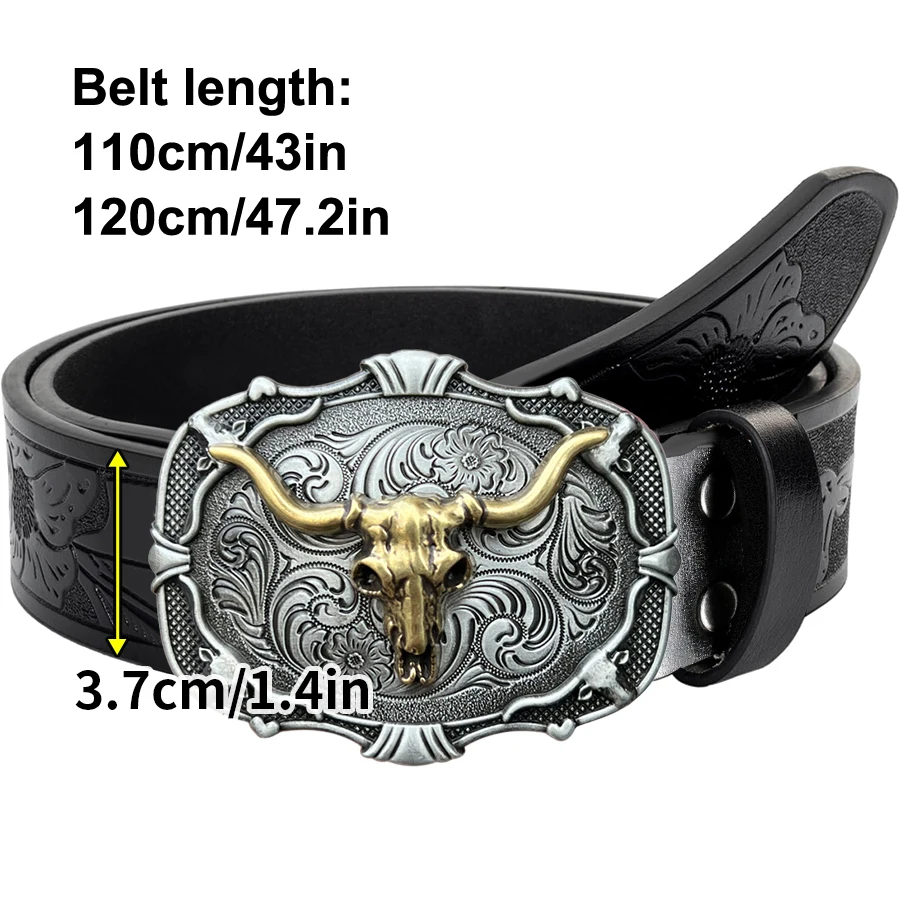 قطعة واحدة من حزام الرجال على الطراز الغربي مع عظام رأس البقر وأنماط الأزهار المنحوتة وزخارف القرن الطويل، طراز قديم، عيد الحب العظيم #3
