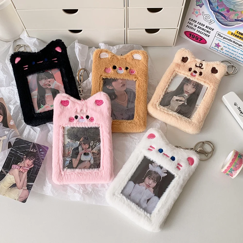 Cartoon Animal Plush Photocard Holder 3 Inch Idol Photo Protective Display Sleeves Student ID Credit Card Case Bag Pendant Gifts