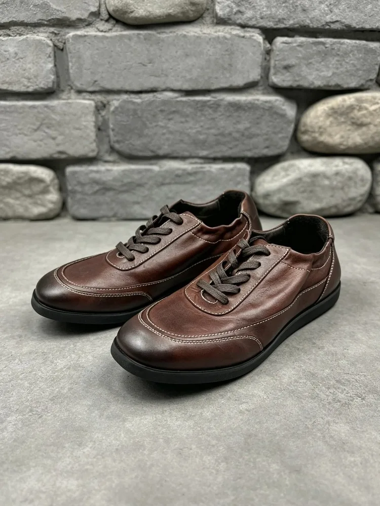 Handmade Washed Horseskin Training Shoes Men Vintage Genuine Leather Sneakers Lace‑Up Round Toe Casual Daily Walking Flat Shoes