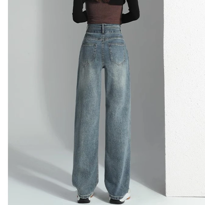 Black gray jeans female spring and autumn 2023 new high-waisted loose thin straight big yards wide-legged drag pants