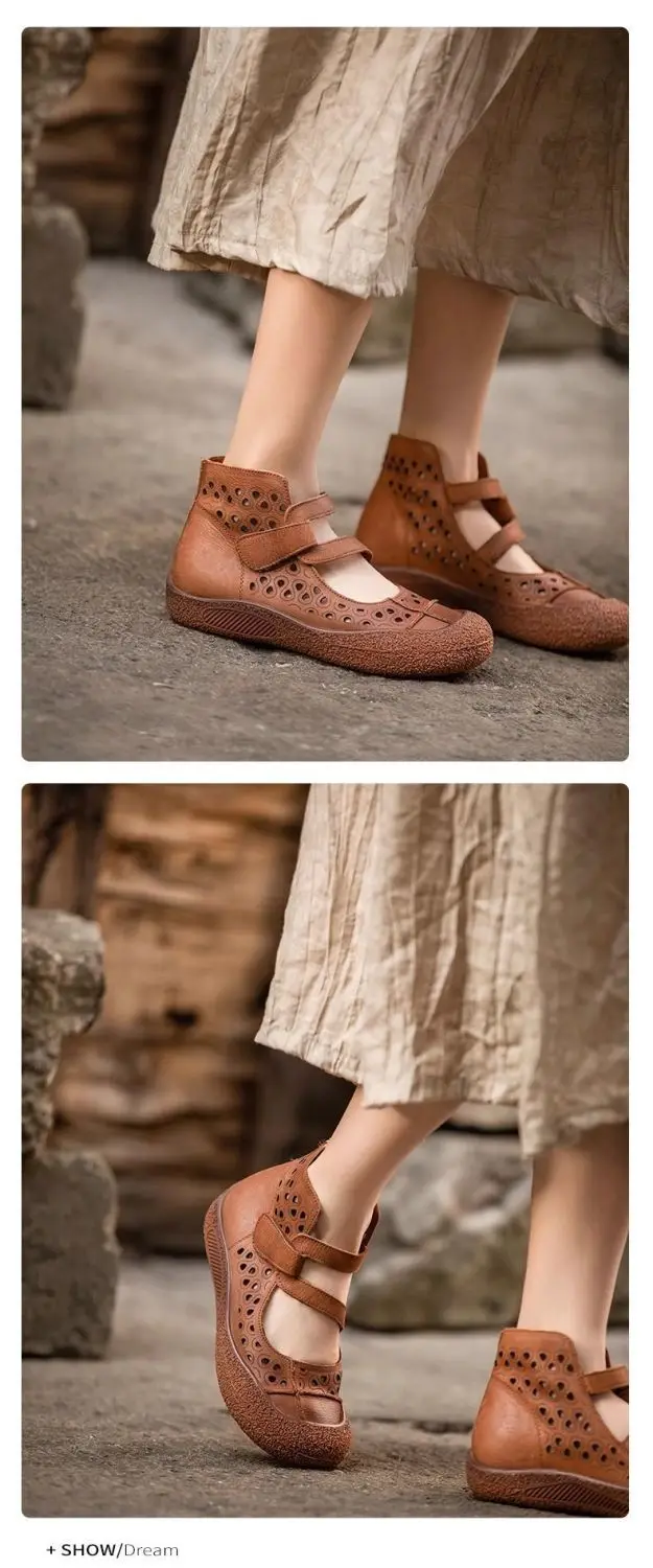 Sommerliche, atmungsaktive Stiefeletten aus echtem Leder, Sandalen für Damen, hohl geschnittene Schnürstiefeletten, handgefertigte flache Freizeitstiefel-Sandalen für Damen – Detail 7