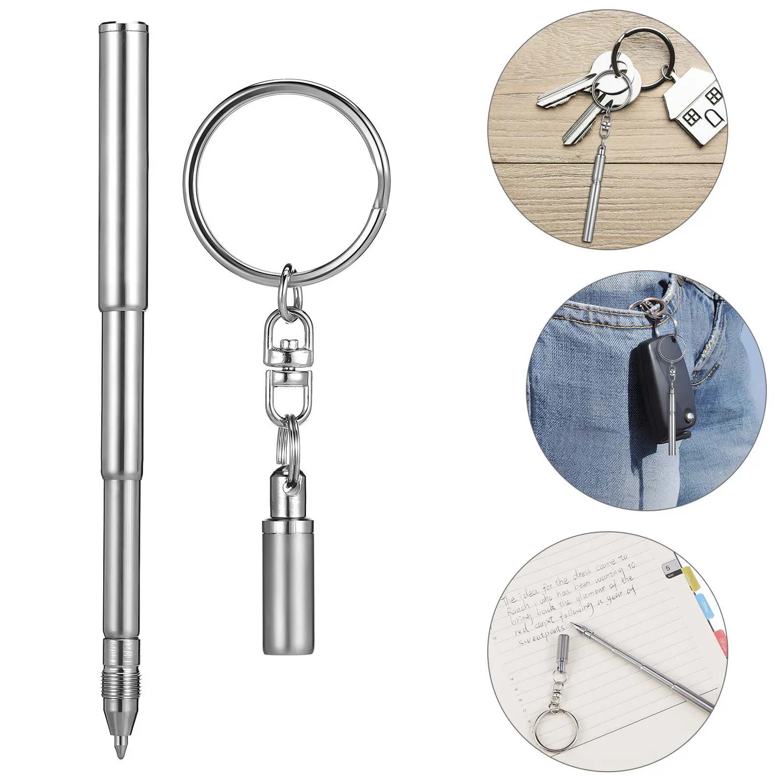

Keychain Pen Telescoping Stainless Steel Retractable Ballpoint Pocket Mini Pen with Refills Smooth Writing Travel Use