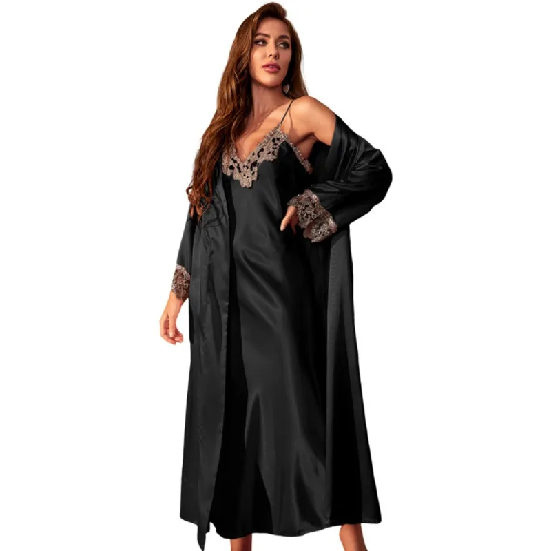 Fashion Sexy Lace Up Night-robe Sleeping Skirt Two-piece Set Women's Luxury Four Seasons Home Clothing Thin Suspender Nightdress