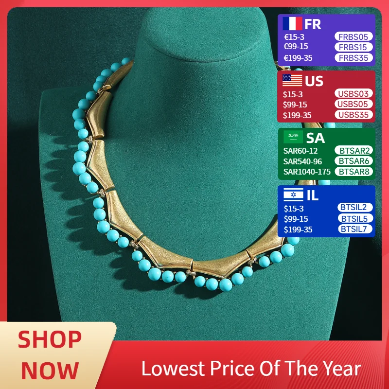 

Choker Collares Turquoise Necklace Beads For Women Bohemian Rhinestones Natural Stone Vintage Fashion Jewelry New Arrival