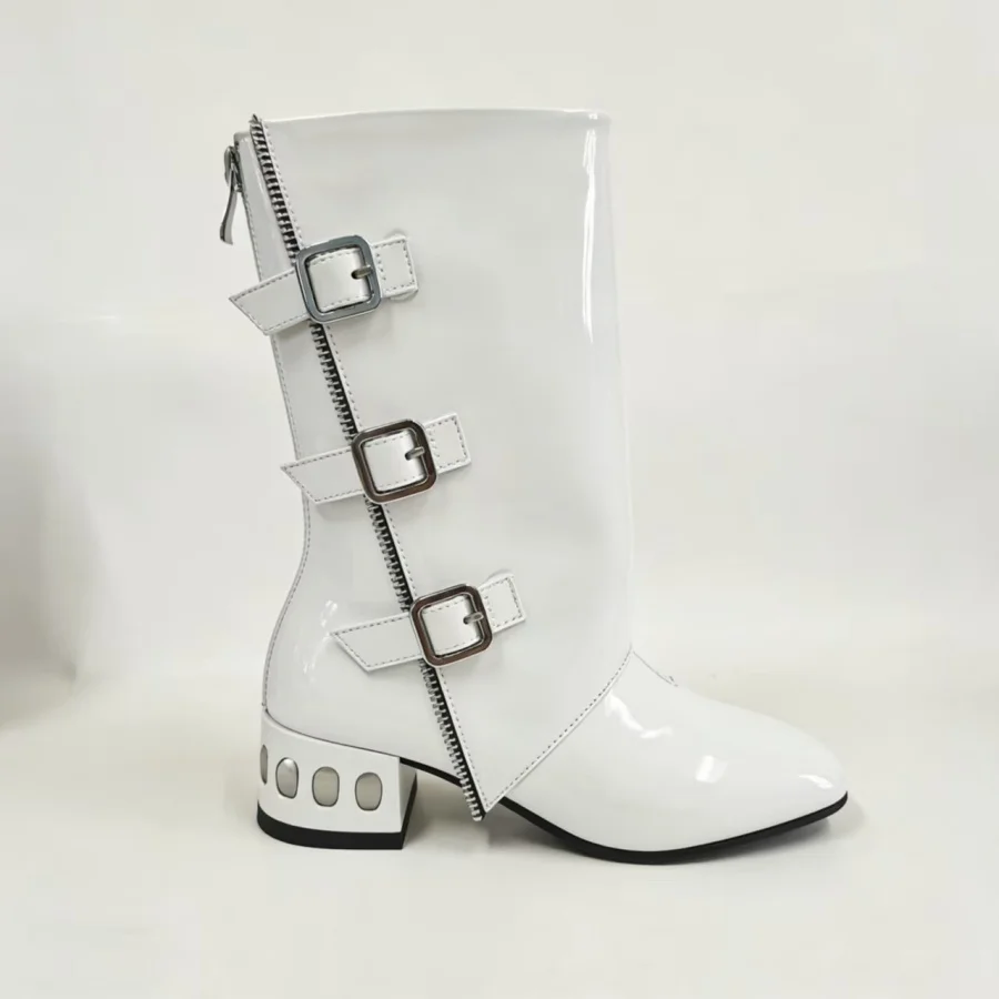 Women Patent Leather Mid Calf Boots Fold Over Pant Leg Multiple Buckle Straps Block Heel Side Zipper Stage Boots Large Size 43