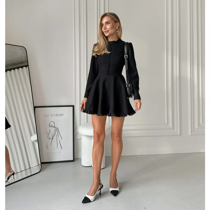 

Black Mini Dress With Ruffles Stand Neck Long Sleeve Single Breasted Fit And Flare Style Spring 2025 New Slim Elegant Prom Robe