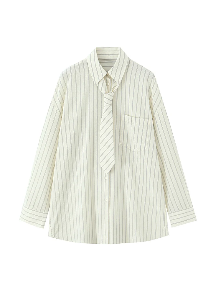 

European style new women's fashion versatile temperament simple striped tie loose long-sleeved shirt top