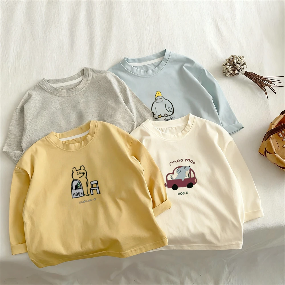 Boys Girls Solid Color Tops New Design Printed Pullover Shirt Loose Casual Thin Crewneck Tees Children Lovely Fashion T-shirts