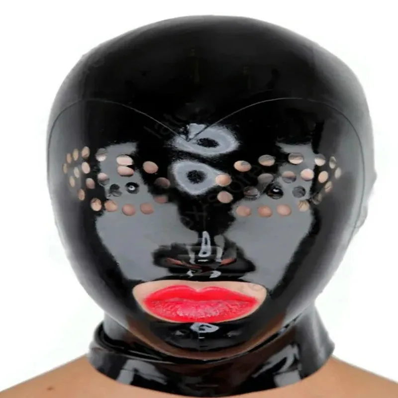 Masker Karet Hitam Tudung Pria Dewasa dengan Mata Trim Putih Buatan Tangan Cosplay Headset Lateks Menyenangkan Ritsleting Belakang Hjk.5