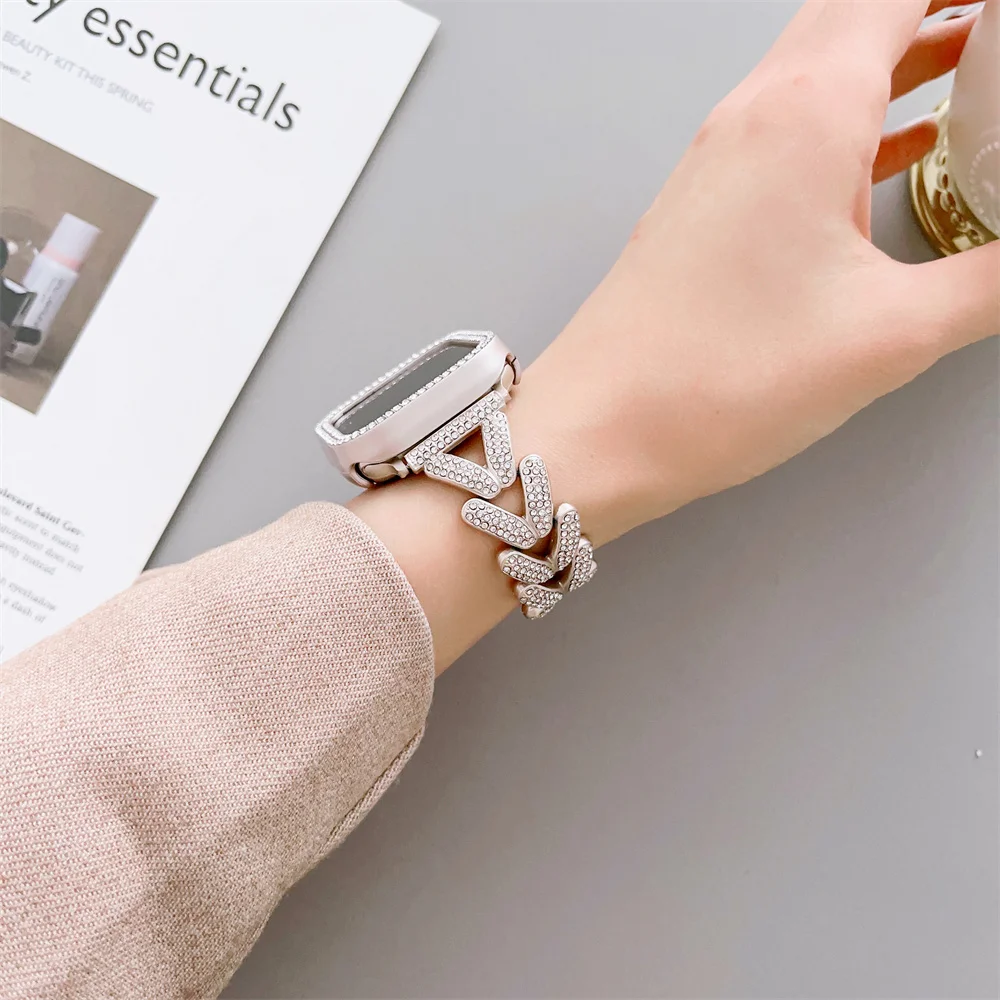 Tinh Thể Và Da Bò Kim Loại Dây Chuyền Tương Thích Với Apple Đồng Hồ Vòng Tay Ban Nhạc Với Bling Ốp Lưng Bảo Vệ 41Mm 42Mm 44mm 45Mm 49Mm
