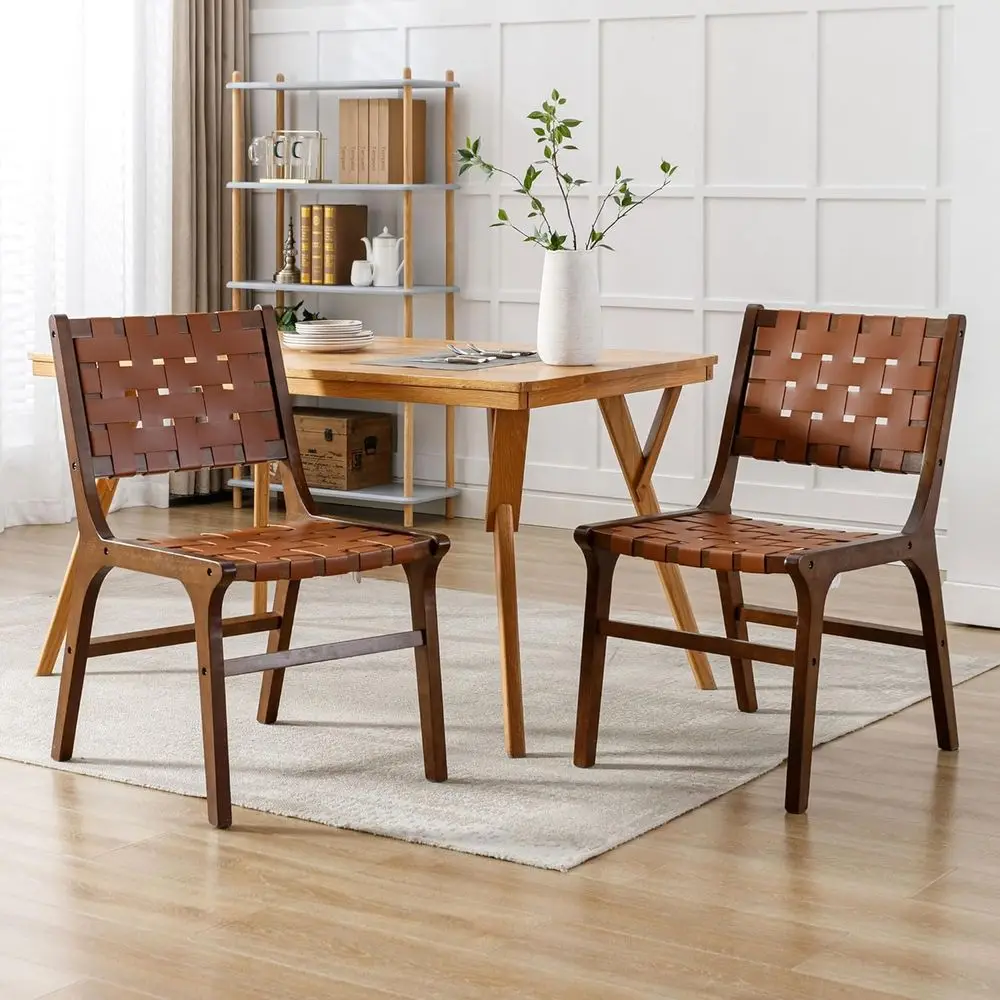 

PU Leather Dining Chairs Set of 2 with Woven Strips, Comfortable Wood Legs, Suitable for Kitchen, Dining Room, Living Room, and