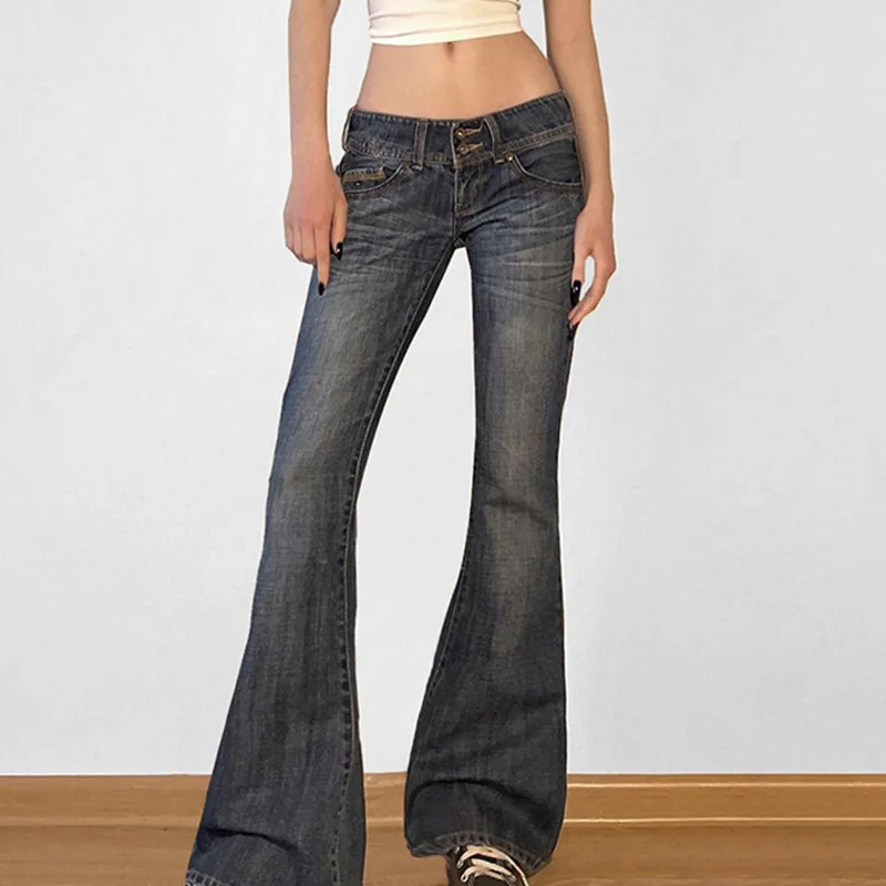 y2k Flared Jeans Retro Button-up Low Rise Casual Denim Pants Harajuku 2000s Trousers Basic Aesthetic Mom