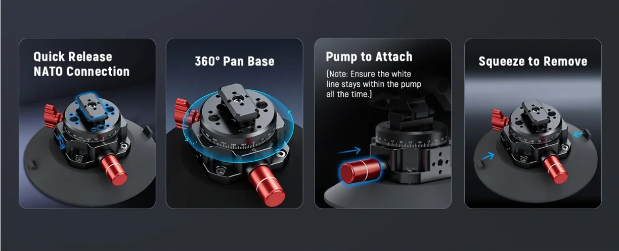 Hydraulischer Kameraarm mit Saugnapf und Schnellverschluss-NATO-Anschluss für Insta360 Luna Ultra/GoPro/DJI Pocket 4 Pro/4/3 Kameras – Detail 6