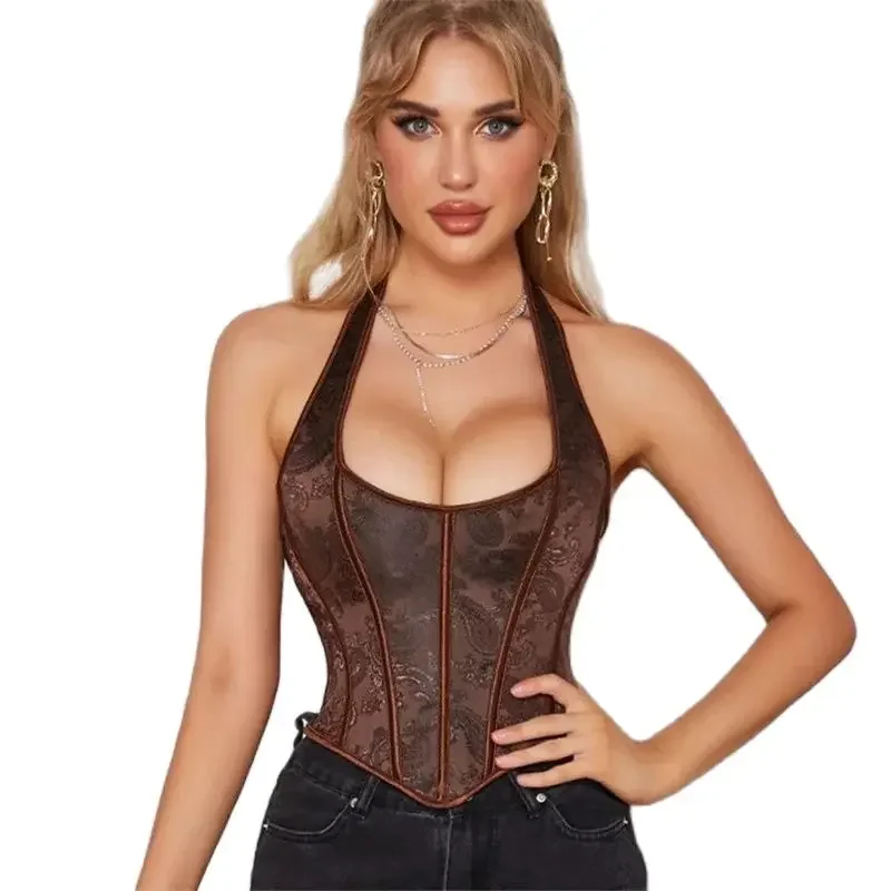 

Vintage Coffee Color Hanging Neck Corset Women Back Lace-up Seamless Boning Sexy Backless Slim Vest Female Body Shaping Bustiers