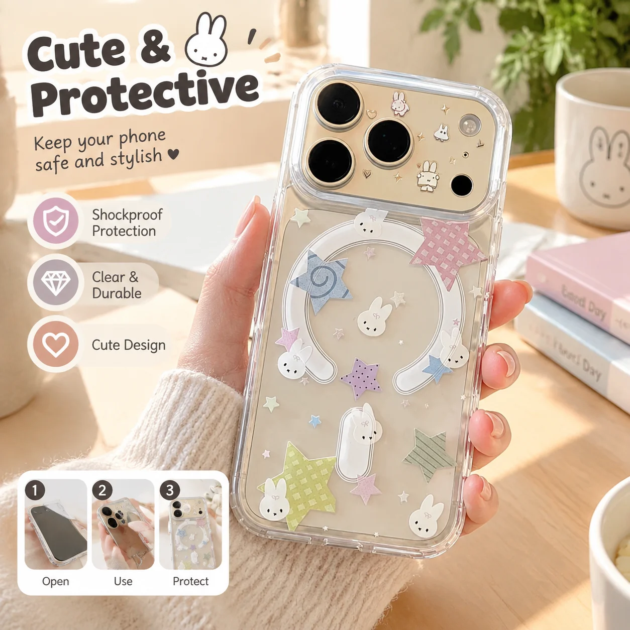 Luxury Cute Miffy Star Pattern Magnetic Wireless Charging Shockproof Phone Case Cover for iPhone 17 Air 16 Pro 15 Plus 14 Pro