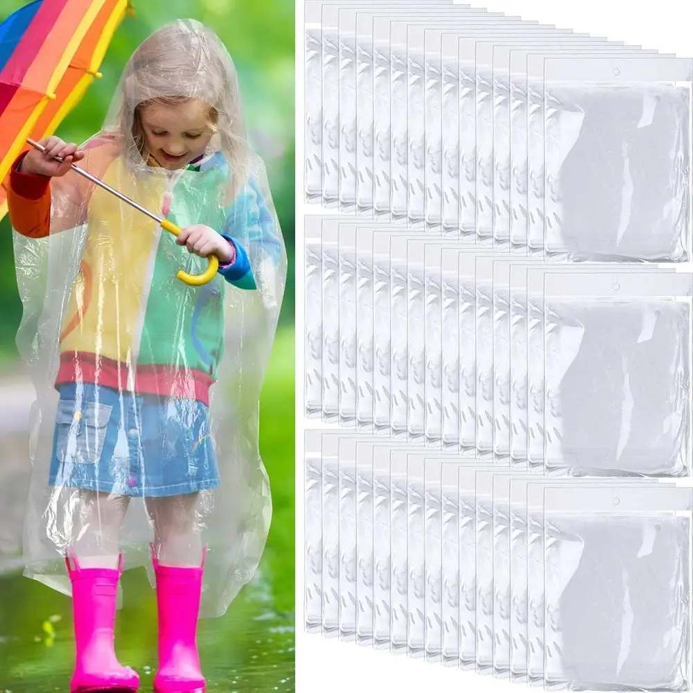 

100 Pcs Disposable Rain Ponchos Bulk or Kids Ency Ponchos with Hood Plastic Raincoat or Girls Boys Traveling Camping Hiking Amus